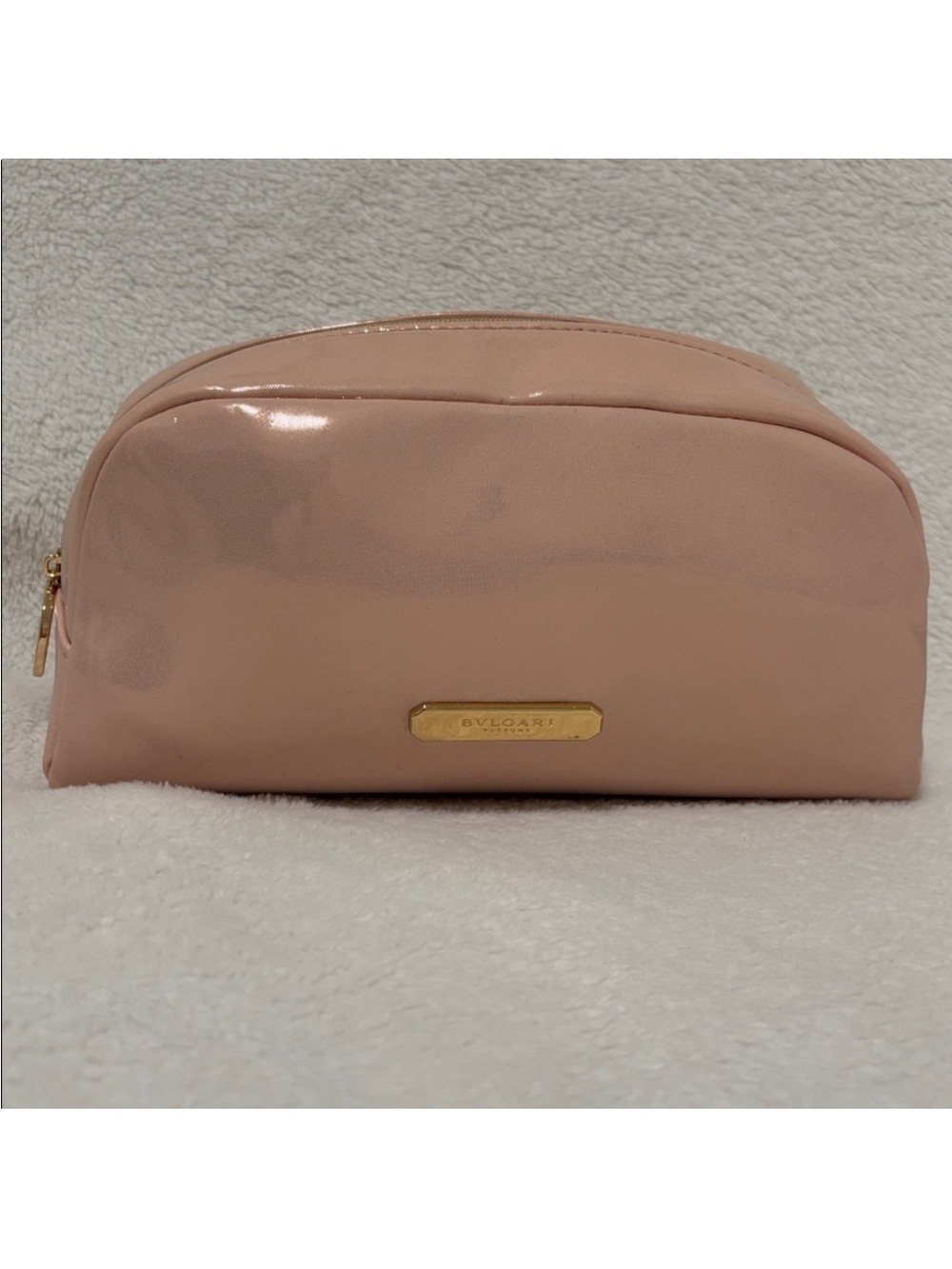BVLGARI blush pink patent cosmetic Bag gold tone top zipper
